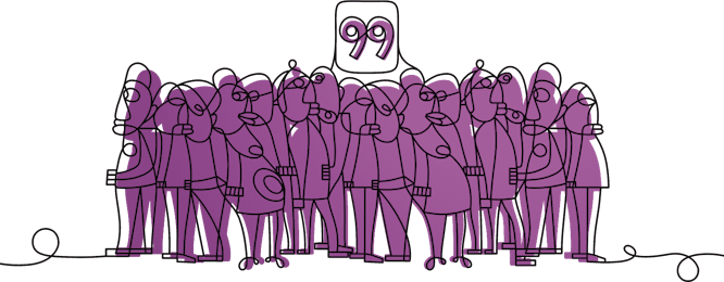 A cartoon drawing of people with the number 99 above them.